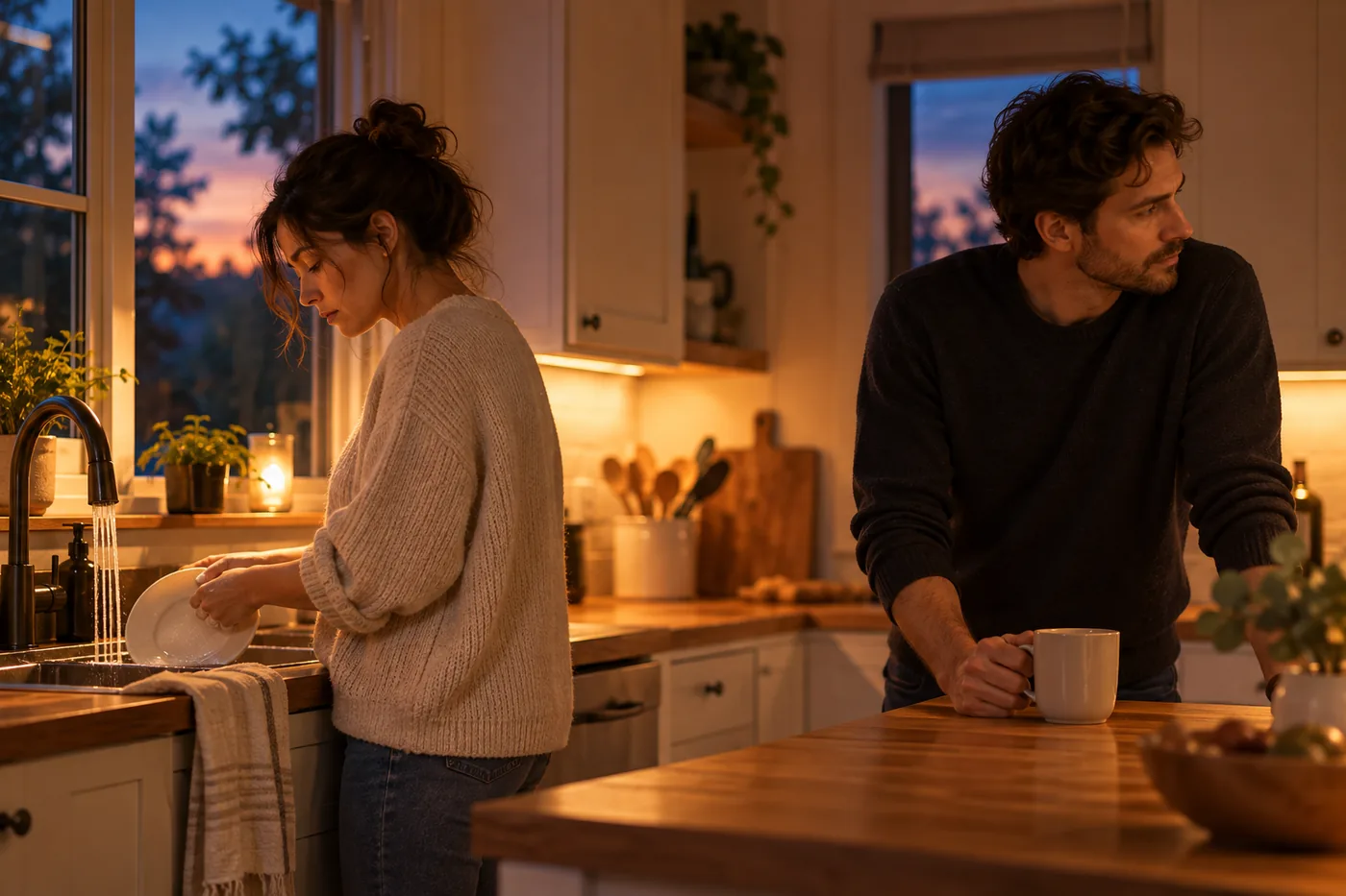 A couple in their kitchen in the evening, one at the sink and one at the counter, quiet and a few steps apart